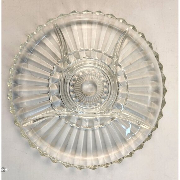Clear Glass Divided Serving Platter With Scalloped Edges & Center Dip Bowl 12 I - Picture 2 of 10